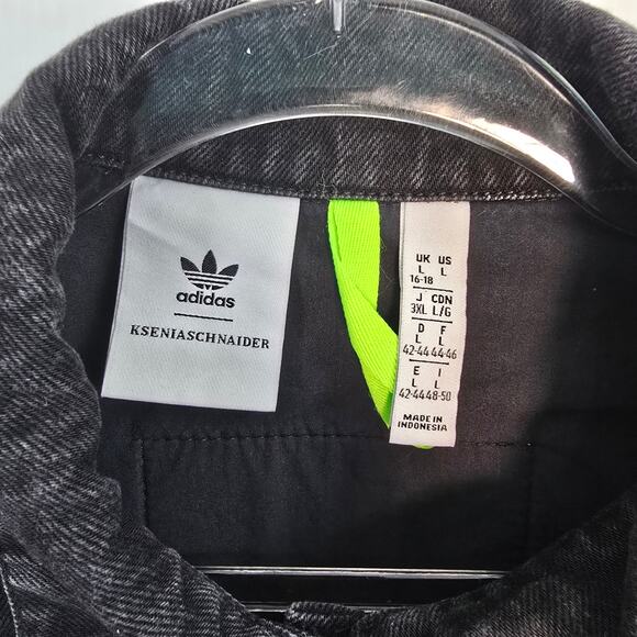 Adidas x KSENIASCHNAIDER Black Denim Fringe Shirt Dress Snap Front Large - Picture 3 of 9